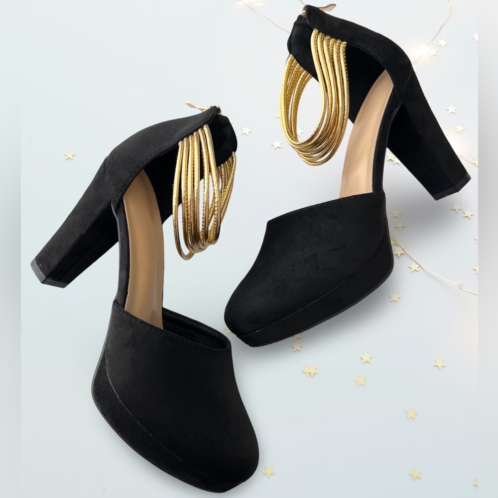 SHEIN Black Platform Heels With Gold Strap Detail (New and Never Worn)